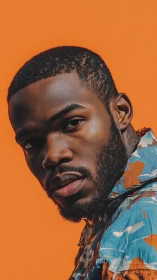 Bold gaze against vibrant orange with cool patterned jacket.