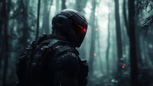 Armored cyber soldier scans a misty forest for hidden threats