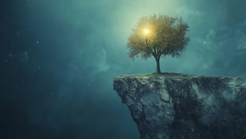Lone cliffside tree quietly cradles a borrowed star-lantern
