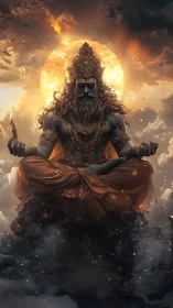 Seated mythic deity figure before glowing celestial sun.