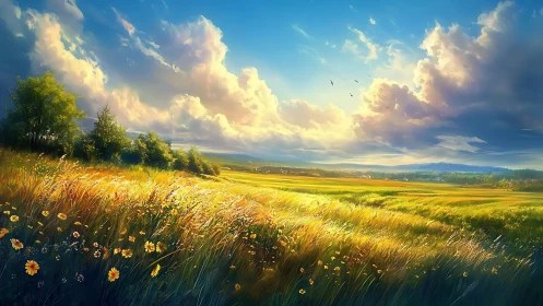 Sunlit wildflower meadow under expansive summer cumulus sky.