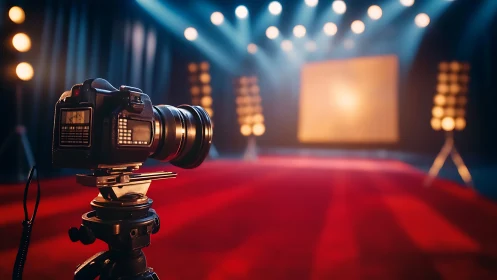 Cinematic camera awaits action on a glowing red carpet set