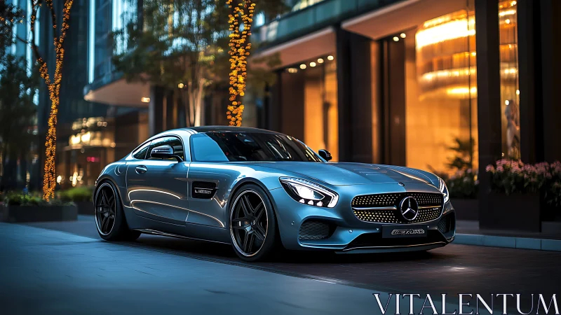 Mercedes-AMG coupe rendered in photorealistic urban twilight