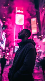Neon magenta cityscape envelops a silhouetted urban portrait