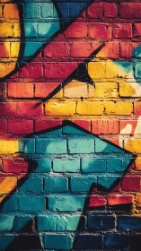 Geometric graffiti on brick wall with saturated color fields.