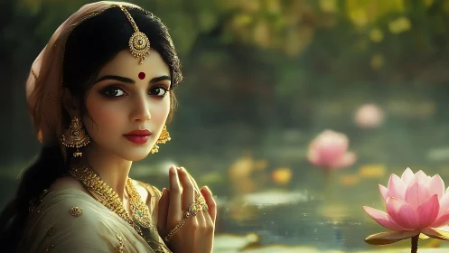 Elegant Indian Woman in Traditional Attire by Lotus Pond, Soft Glow.