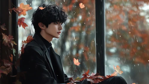 Autumnal windowside portrait under soft-focus rainfall rendering.