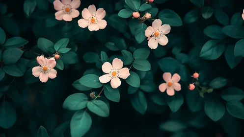 Pale Pink Flowers Bloom Among Deep Teal Foliage.