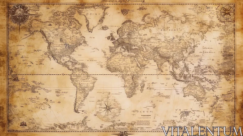 Vintage world map illustration with ornate compass details.