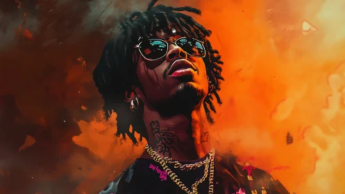 Portrait of a man in sunglasses against vivid orange smoke