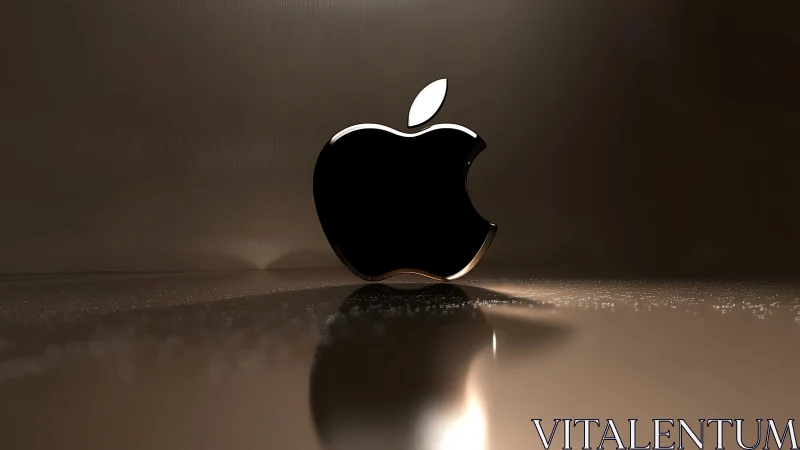 Glossy black apple logo reflects on metallic surface