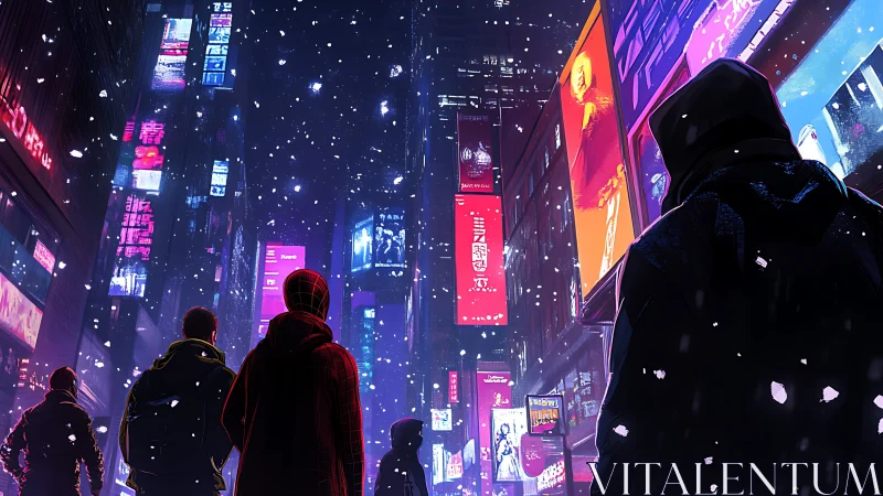 Hooded figures in neon city street under falling snow.
