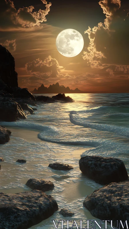 Full moon over rocky shoreline with reflective wet sand.