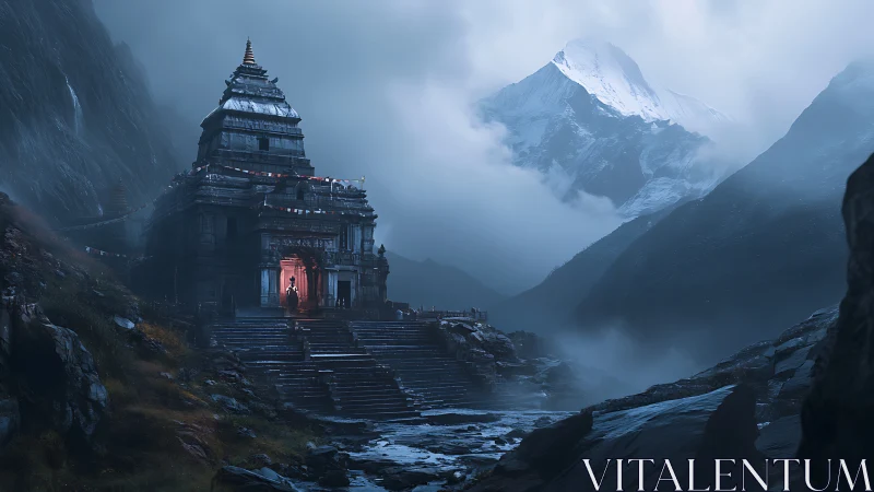 Mountain temple glows softly against misty twilight peaks