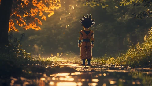 Sunlit forest path with a small hero ready for adventure.