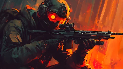 Armored sniper advances through blazing neon battlefield.