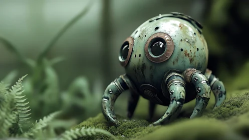 Rusty spherical spider robot resting in mossy forest.
