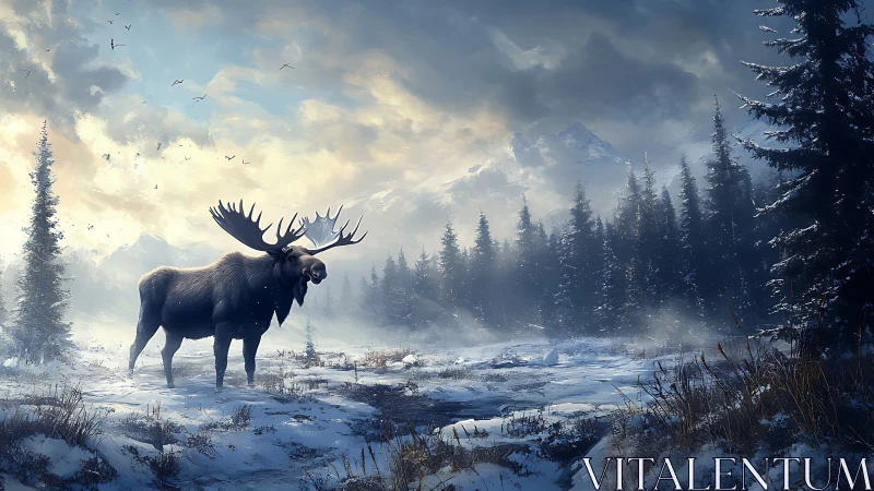 Bull moose strides through misty winter forest valley