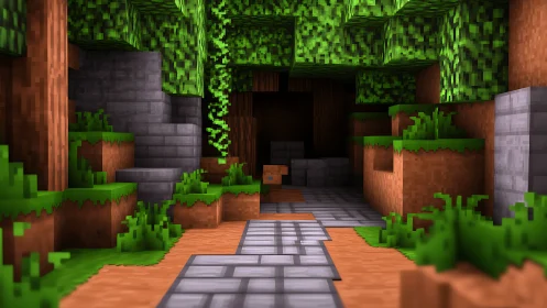 Minecraft jungle interior with stone pathway and vegetation