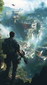 Soldier surveys ruined jungle city from cliffside vantage point.