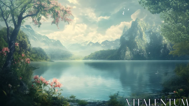 Morning mist braids mountains, lake glass, and secret blossoms
