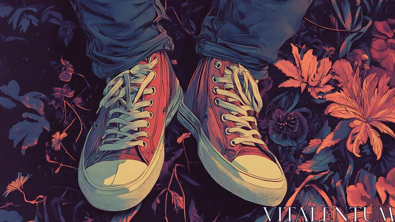 Digital painting of red sneakers amid neon-toned forest floor.