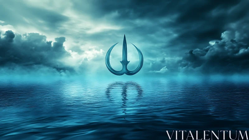 Futuristic trident emblem levitates above cyan reflective ocean