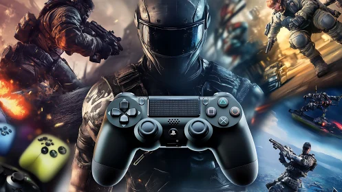 Game controller and combat scenes form composite digital image