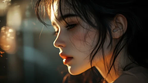 Soft side-profile portrait in warm cinematic light.