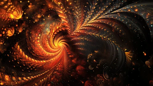 Fiery fractal vortex spirals through a glowing cosmic bloom.