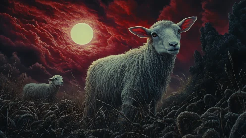 Moonlit sheep wander beneath a crimson storm of clouds.