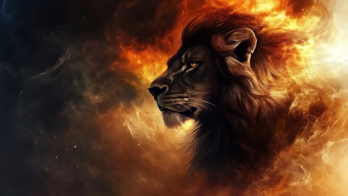 Majestic firelit lion emerging from glowing cosmic clouds.