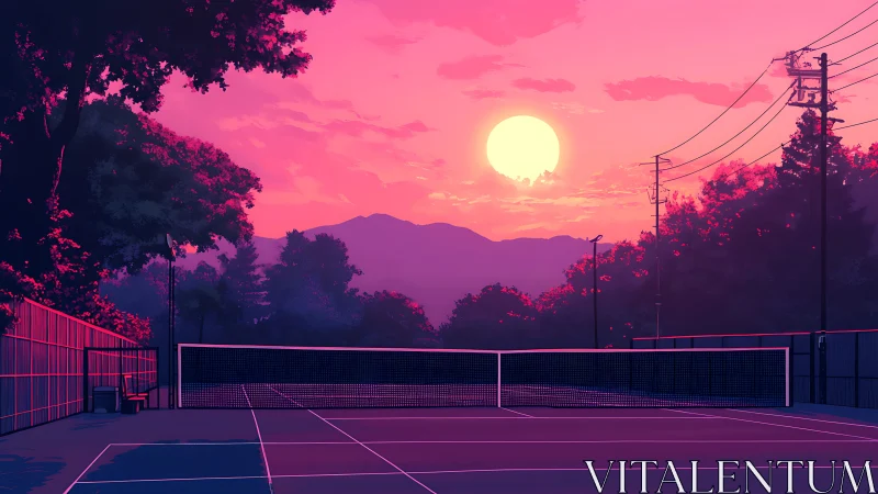 Neon sunset tennis court under glowing pastel sky.