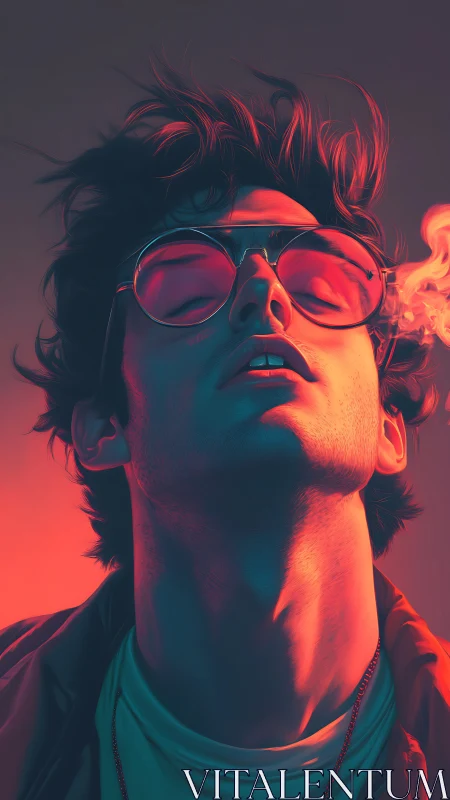 Stylized portrait shows man in neon rim lighting exhaling smoke
