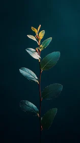 Minimalist plant stem portrait under deep teal backdrop.