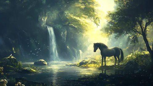 White horse beside forest waterfall in soft morning light.