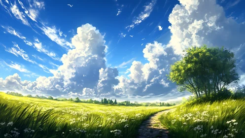 Stone path extends through sunlit field under cumulus sky