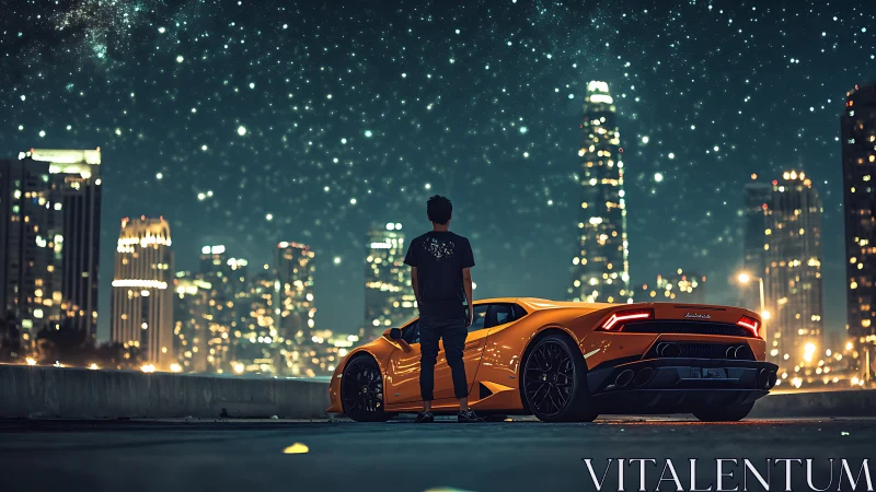 Man with orange sports car facing illuminated night skyline.