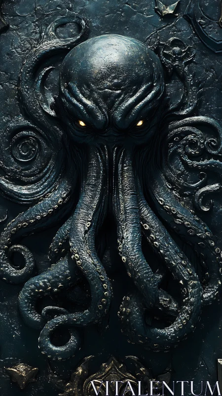 Eldritch octopus emblem emerges from dark metallic depths