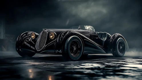 Streamlined retro roadster rendered in low key lighting.