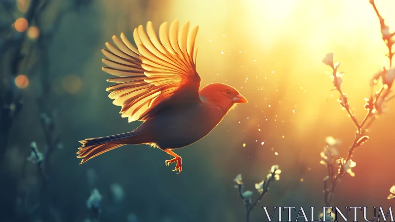 Sunlit songbird glides through golden spring bokeh glow.