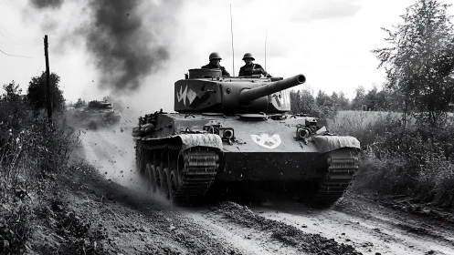 Monochrome battle tank advances through rural dirt road