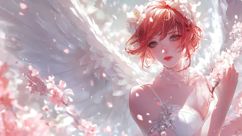Winged figure with red hair amid pale floral elements.