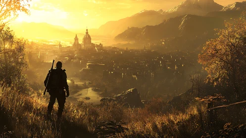 Lone wanderer greeting a golden valley city at sundown.