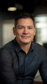 Photorealistic corporate headshot in soft office bokeh lighting.