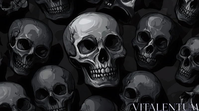 Monochrome human skull cluster on dark seamless background.