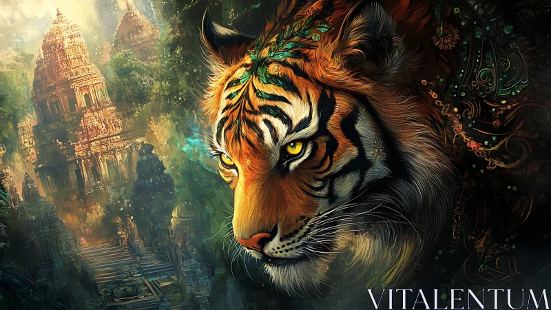 Tiger head overlay against dense jungle temple setting.