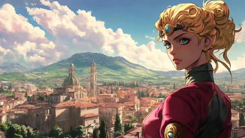 Regal heroine overlooking sunlit Italian hill town.