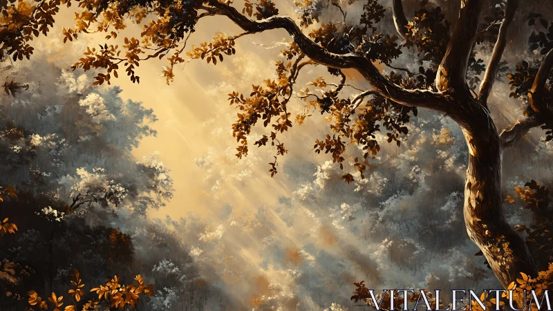 Radiant forest canopy with volumetric god rays and warm cool contrast