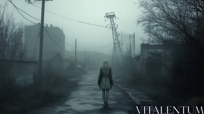 Solitary figure on wet road in foggy derelict district.